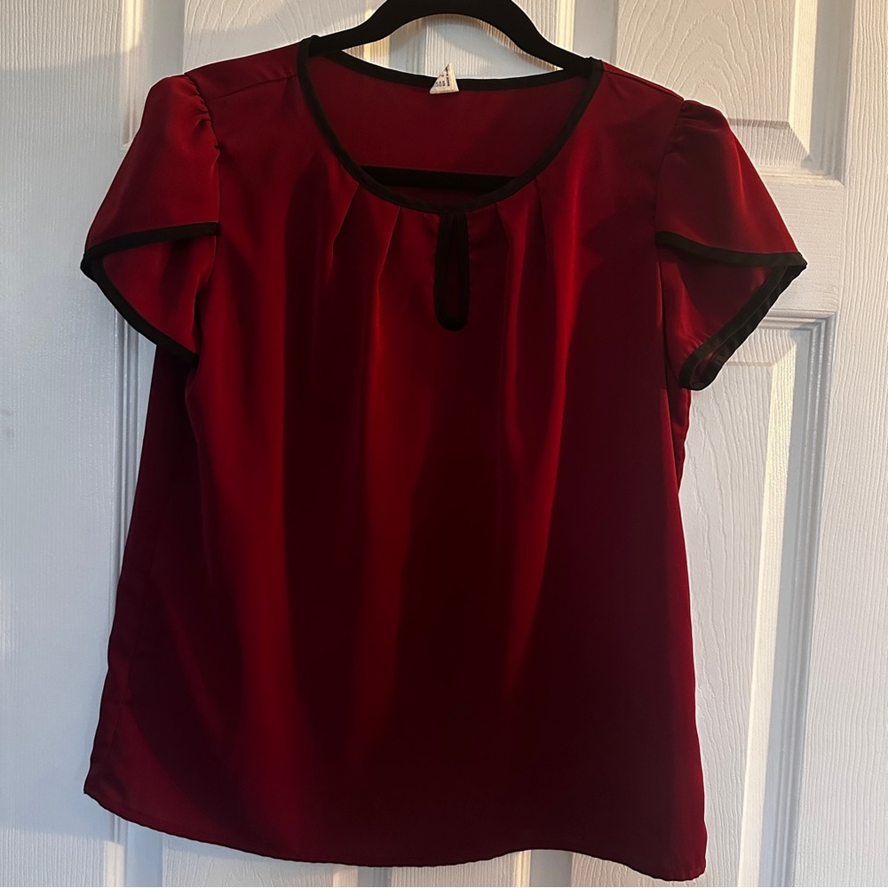 Amazon Women's burgundy red puffy sleeve  Blouse with Black Trim
